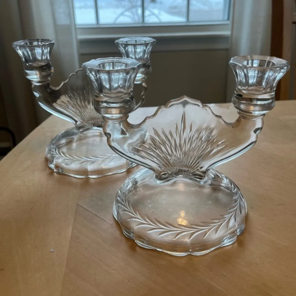 Vintage Clear Jeanette Glass Double Candlestick Sunburst Herringbone Set of Two